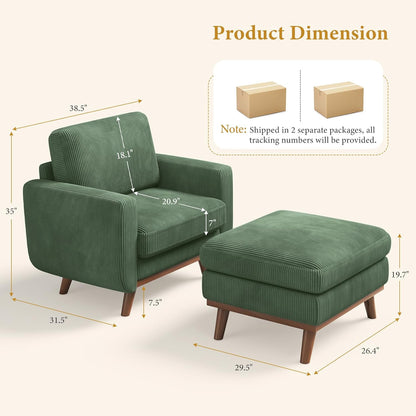 38.5" Accent Chair with Movable Ottoman, Comfy Corduroy Armchair with Spring Cushion, Reading Chair with Ottoman, Modern Single Sofa for Living Room, Bedroom and Apartment, Green