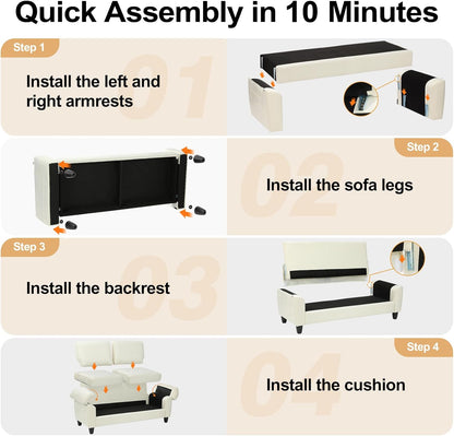 70" Living Room Couch Sofa, Mid Century Modern Loveseat with Storage Bag, Velvet Deep Couches for Small Spaces, Bedroom, Apartment, Office, Removable Sofa Cover Spring Cushions, Easy to Install, Beige