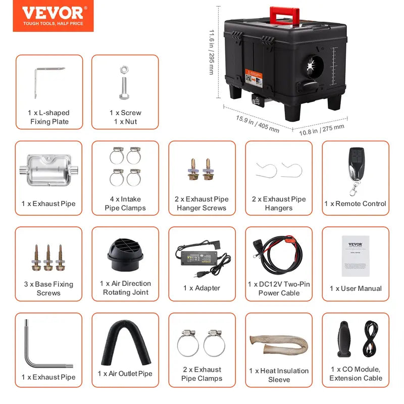 VEVOR 8KW Toolbox Diesel Heater, Upgraded 110V Adapter & CO Alarm, 12-24V All in One Diesel Air Heater, with Bluetooth APP/Remote Control and Display Screen, Fast Heating Portable Diesel Heater for Vehicles and Outdoors